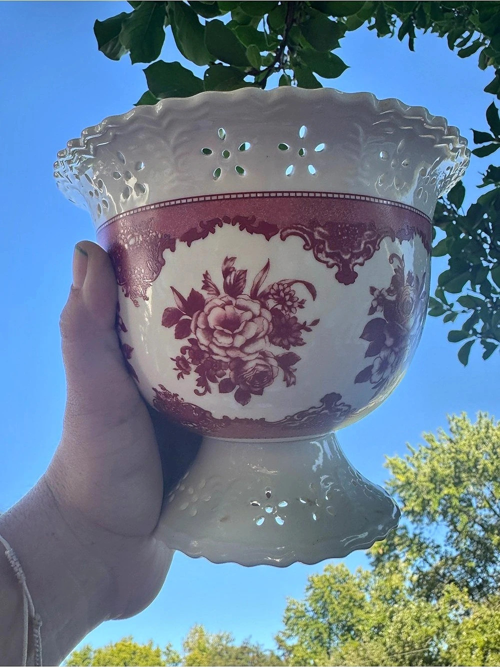FTD Vintage Red Floral Pedestal Compote Planter